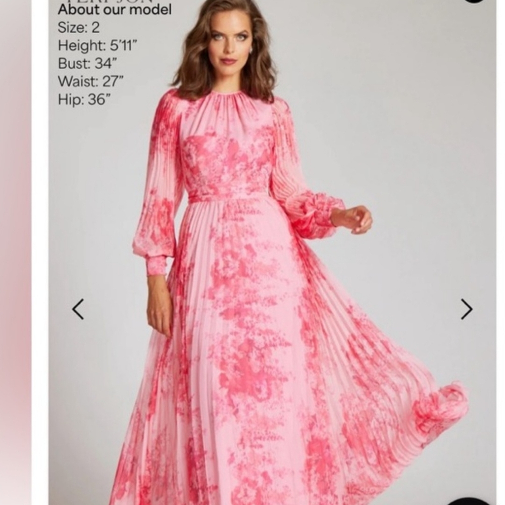 Teri Jon Pink Mock Neck Bishop Sleeve Gown